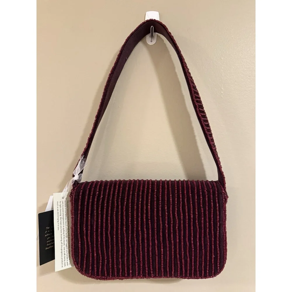 Beaded Maroon Floral Shoulder Bag Handmade in India New with Tags